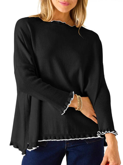 Women's Long Sleeve Contrast Color Ruffle Hem Knit Top