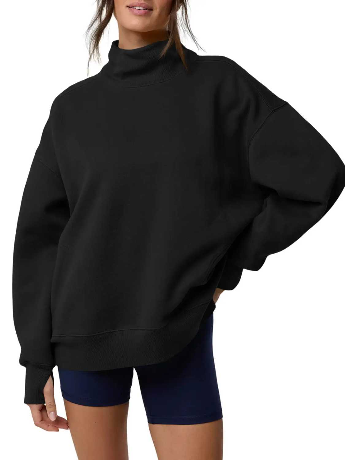 Women's Oversized Mock Neck Sweatshirt with Thumbholes