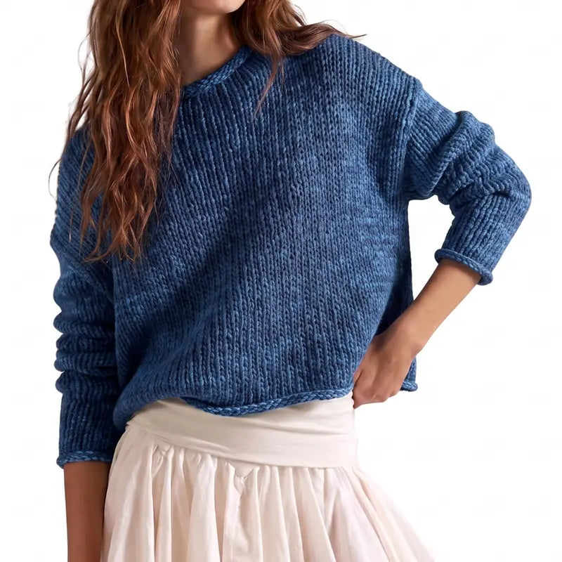Women Chunky Crochet Crew Neck Oversized Long‑Sleeve Pullover Sweater