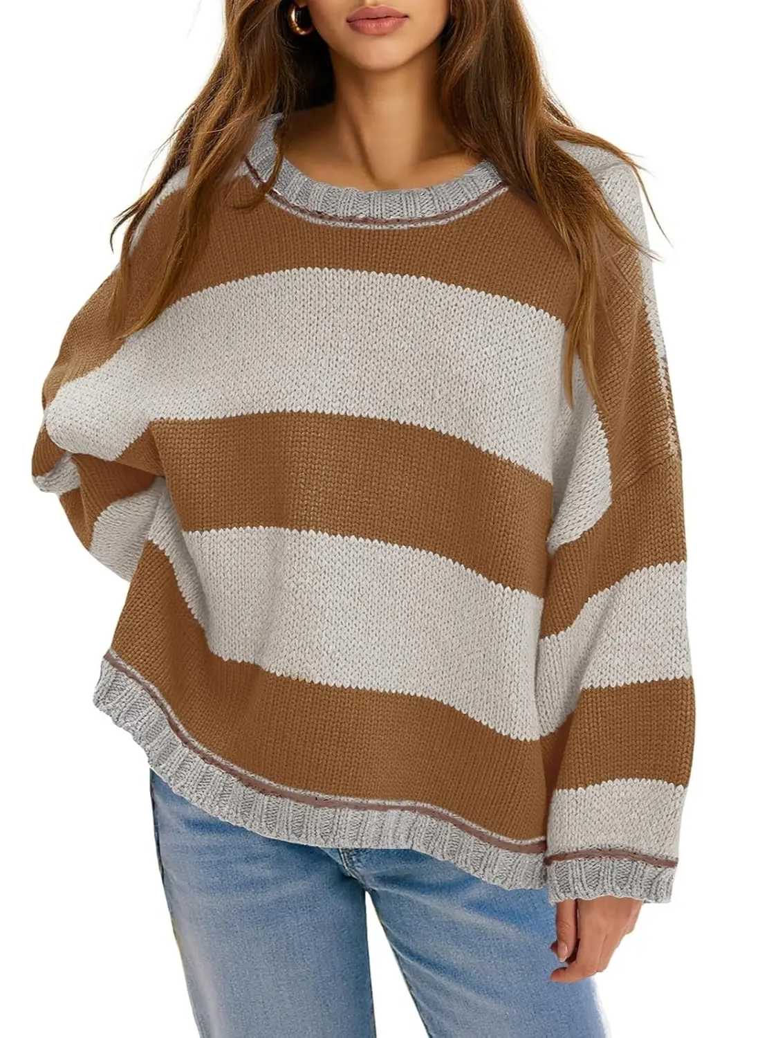 Womens Oversized Color Block Crewneck Knitted Sweaters Tops