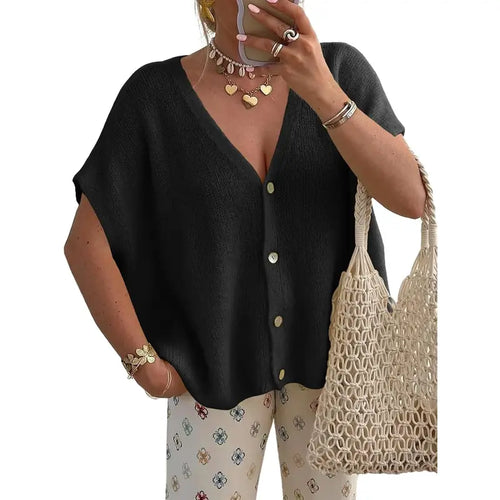 Women's Loose-fitting Knit Cardigan - Batwing Short Sleeves, Lightweight Button-down V-neck