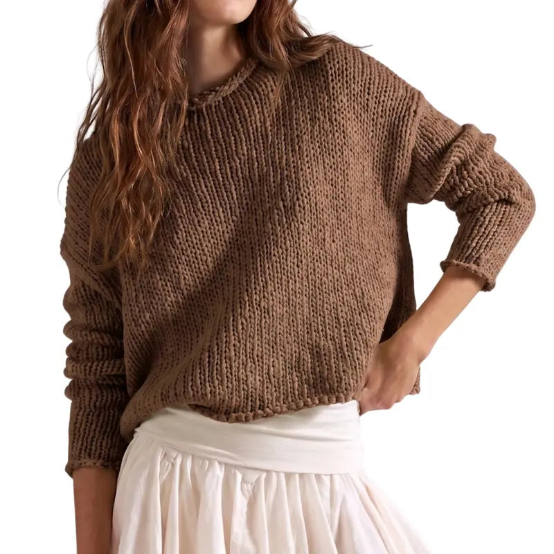 Women Chunky Crochet Crew Neck Oversized Long‑Sleeve Pullover Sweater