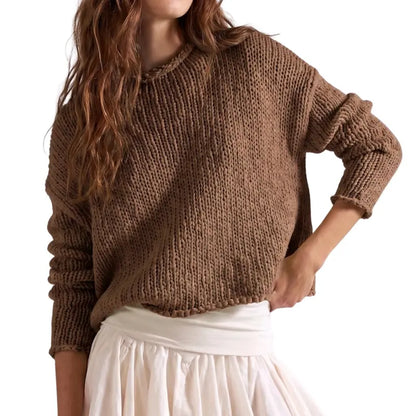 Women Chunky Crochet Crew Neck Oversized Long‑Sleeve Pullover Sweater