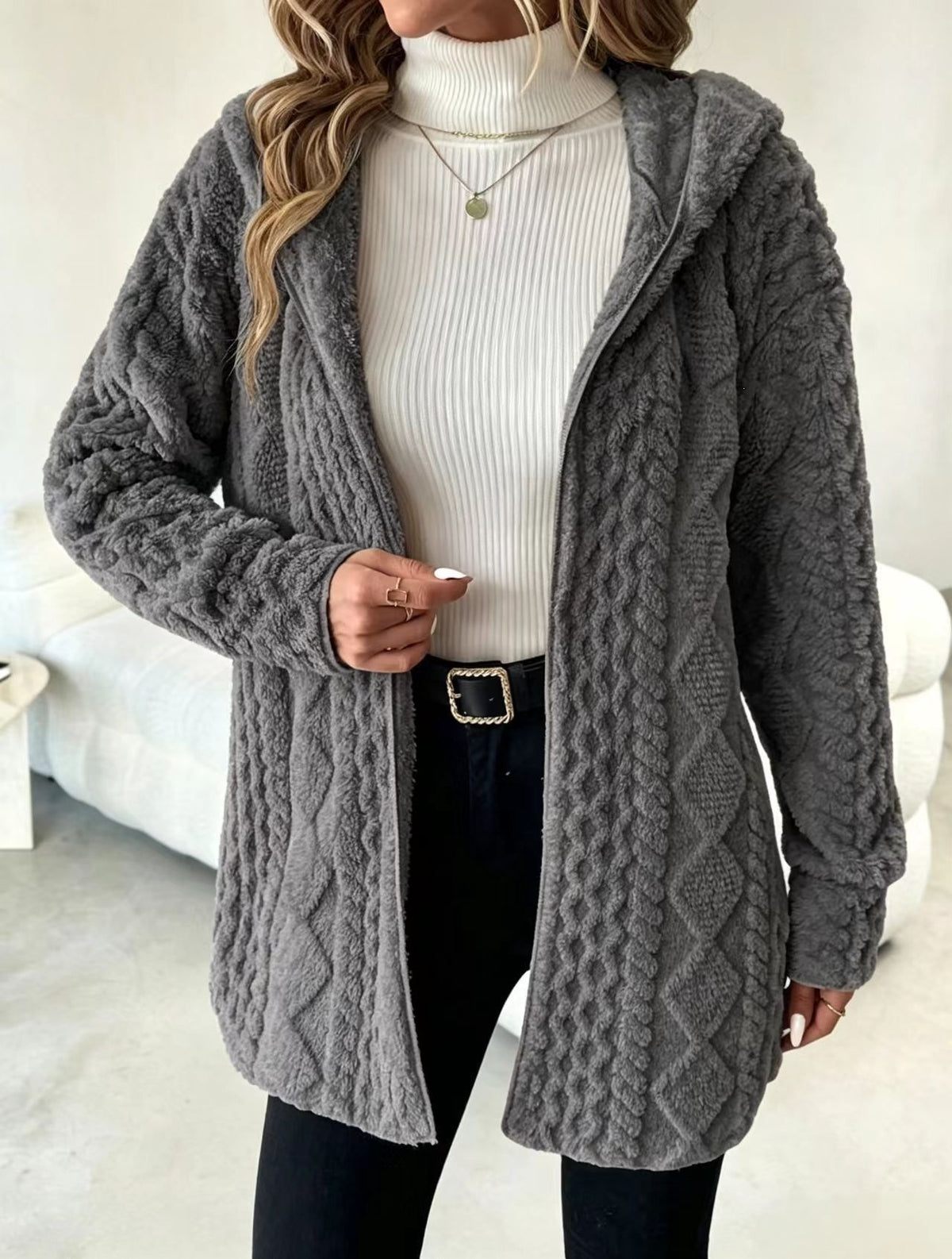 Women's Hooded Cable Texture Fleece Lined Cardigan
