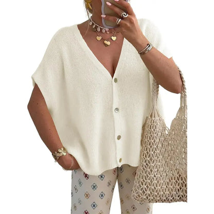 Women's Loose-fitting Knit Cardigan - Batwing Short Sleeves, Lightweight Button-down V-neck