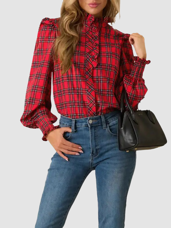 Women's Plaid Ruffle Neck Long Sleeve Blouse