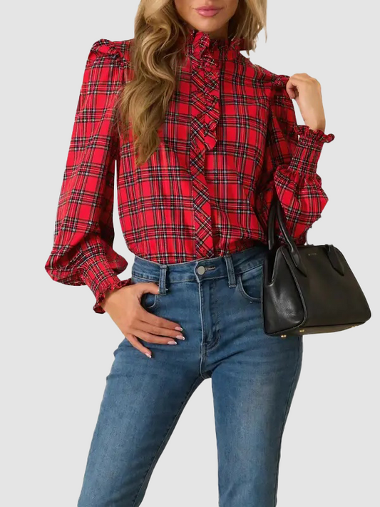 Women's Plaid Ruffle Neck Long Sleeve Blouse