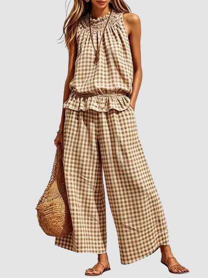 Women's 2 Piece Set Outfits Gingham Plaid Sleeveless Ruffle Top Wide Leg Pants