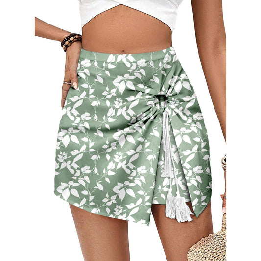 Women's Boho Floral Wrap Skort, Chiffon Flowy Tie Front Shorts