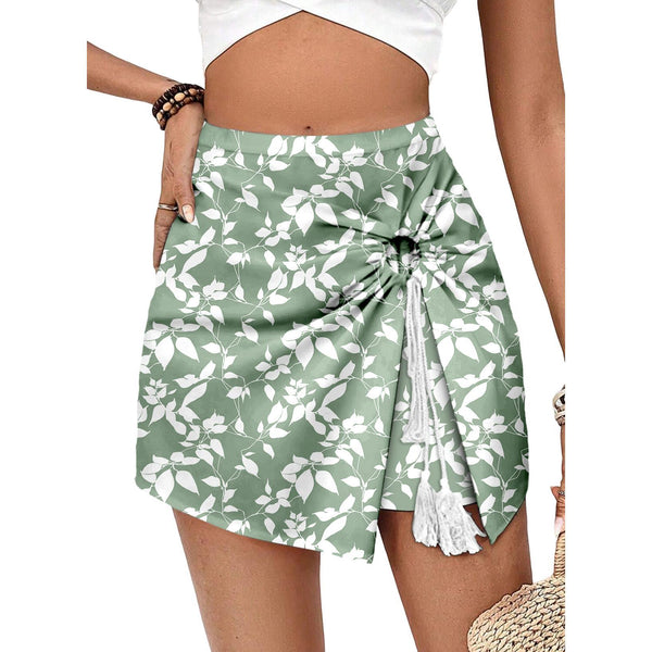 Women's Boho Floral Wrap Skort, Chiffon Flowy Tie Front Shorts