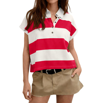Womens Striped Polo Shirts Summer Short Sleeve Rugby Shirt Oversized
