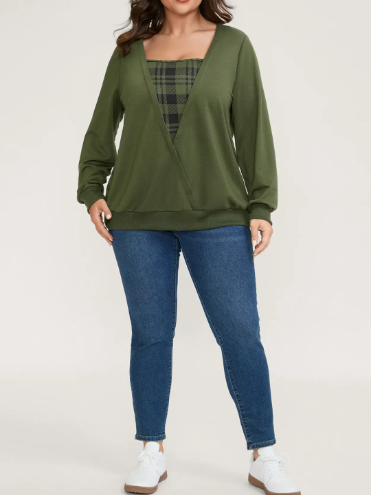 💖Plaid Spliced Fake Two Piece Square Neck Long Sleeve Top