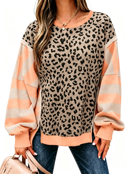 🐆Leopard Stripe Colorblock Crewneck Sweatshirt , Oversized Drop Shoulder Top