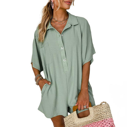 ✨Half Button Collared Loose Romper