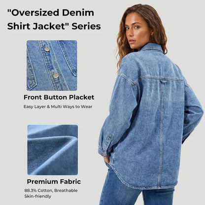 Women Vintage Washed Denim Shacket Long Sleeve Oversized Shacket