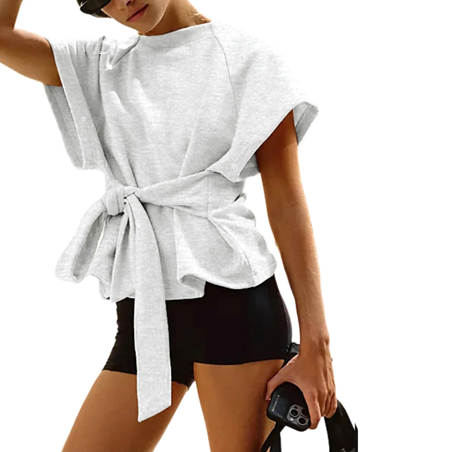 Women's Tie Waist Short Sleeve Crewneck Tee, Slimming Knot Front T-Shirt