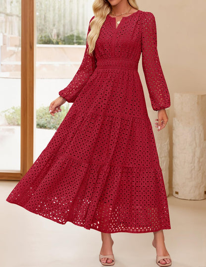 Women's 2026 V Neck Hollow Out Eyelet A Line Long Flowy Dresses