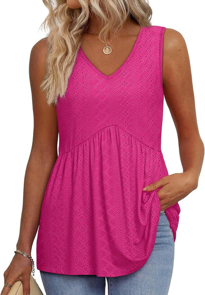📣Women's Print Flowy Sleeveless V Neck Peplum Tank Tops