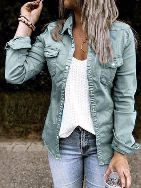 Solid Color Lapel Neck Pleated Denim Shacket
