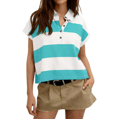 Womens Striped Polo Shirts Summer Short Sleeve Rugby Shirt Oversized
