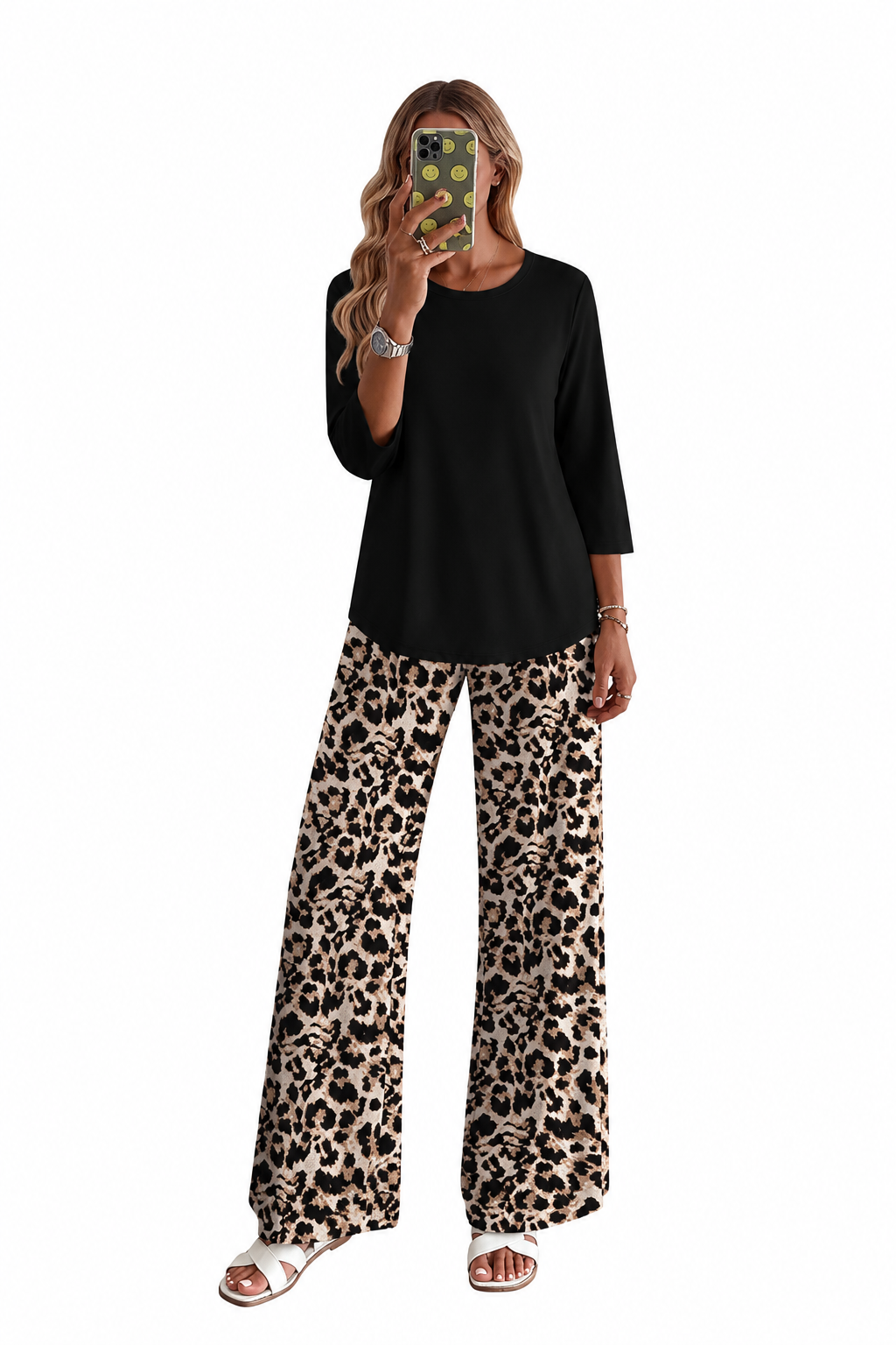 Women 3/4 Sleeve Solid Top & Graphic Print Wide Leg Pants