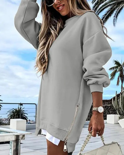 ✨Trend Women’s Long Sleeve Pullover Sweatshirt Zipper Slit Casual Dress