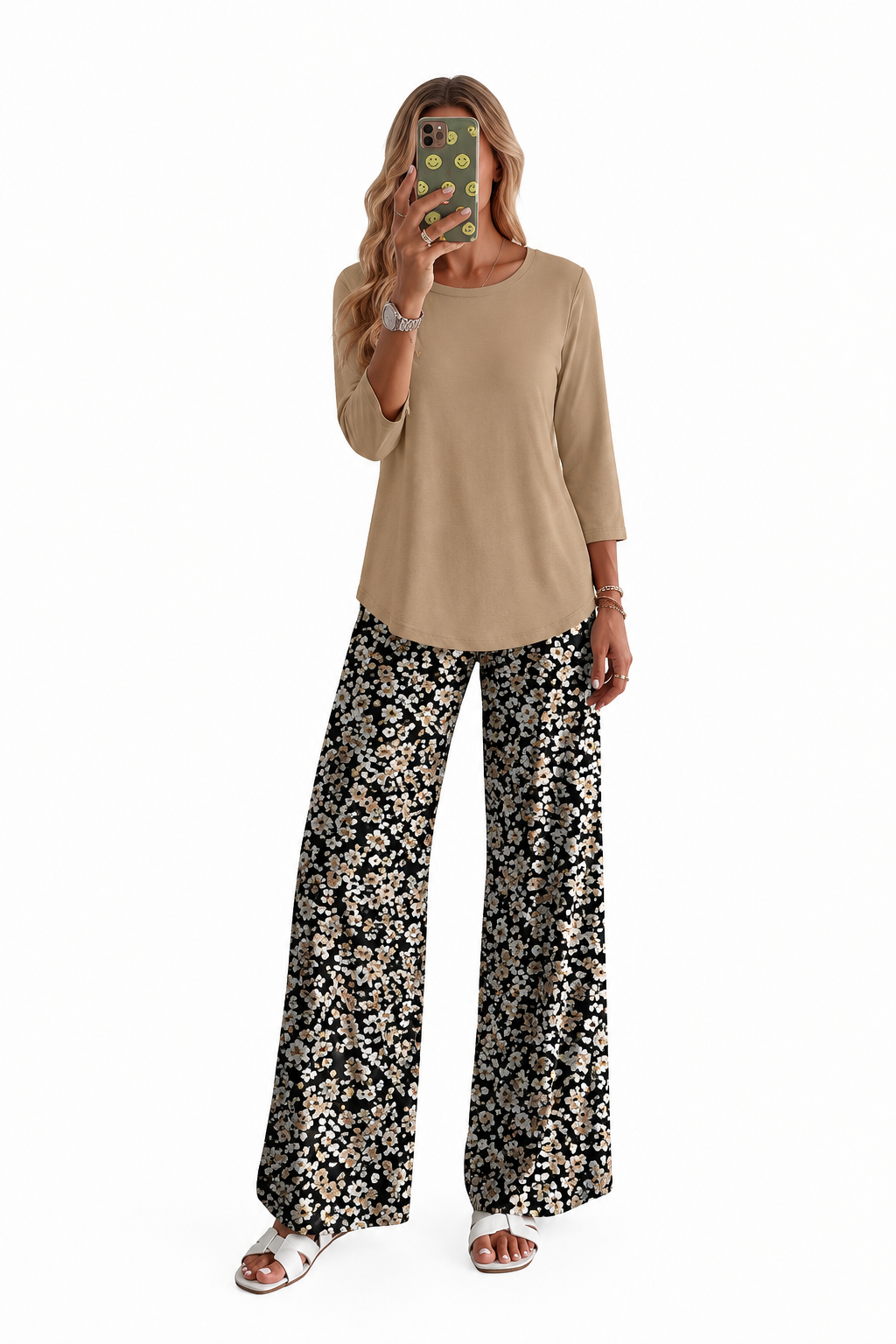 Women 3/4 Sleeve Solid Top & Graphic Print Wide Leg Pants
