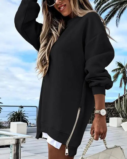 ✨Trend Women’s Long Sleeve Pullover Sweatshirt Zipper Slit Casual Dress