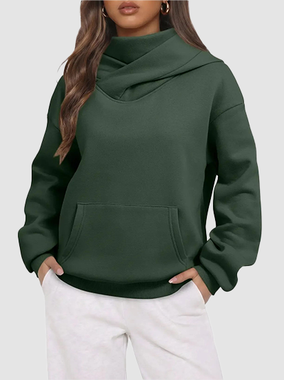 Women Cross Wrap Turtleneck Hoodie With Pocket