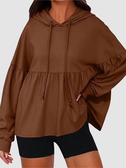 Women Drawstring Hoodie With Lantern Sleeves Peplum Hem