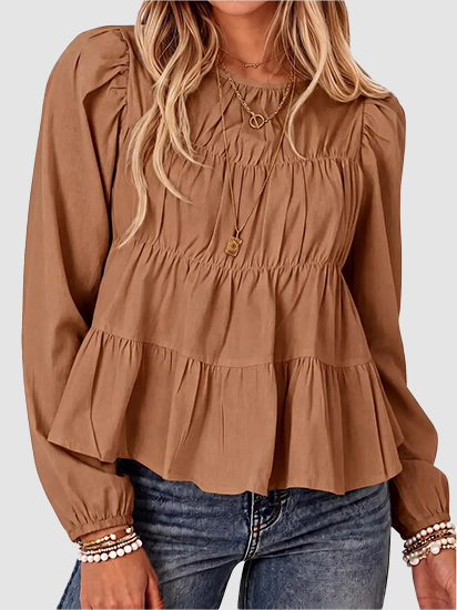 Women Puff Sleeve Babydoll Blouse Peplum Hem