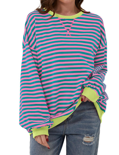 Women Striped Crew Neck Lantern Long Sleeve Loose Sweatshirt Top