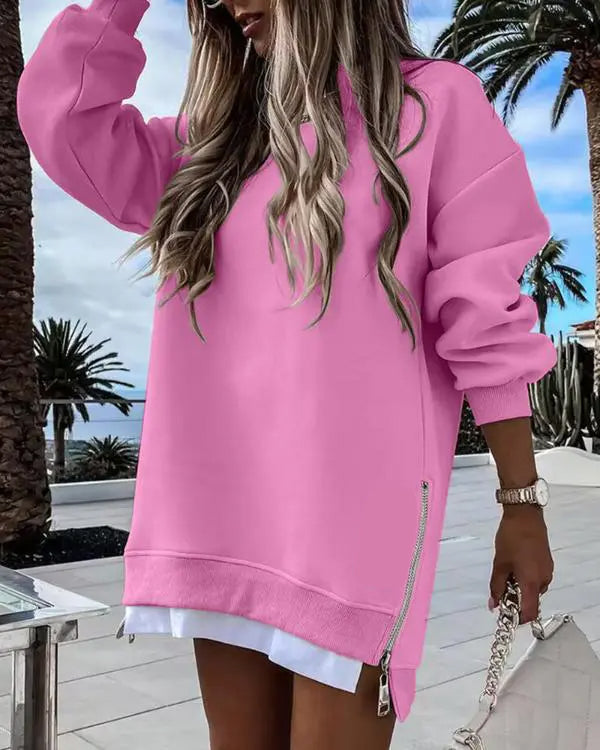 ✨Trend Women’s Long Sleeve Pullover Sweatshirt Zipper Slit Casual Dress