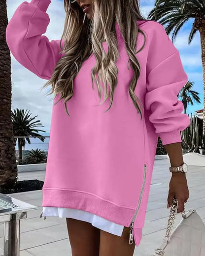 Limited time sale🔥Women’s Long Sleeve Pullover Sweatshirt Zipper Slit Casual Dress