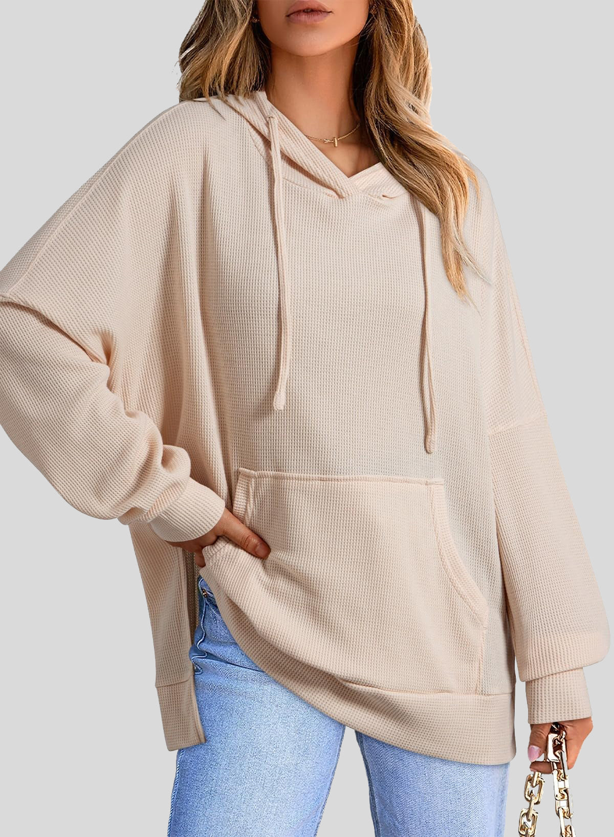 ✨Oversized Hoodies for Women Waffle Knit Drawstring Side Slit Pullover Sweatshirts with Pocket (Final Days: Big Savings!!!)