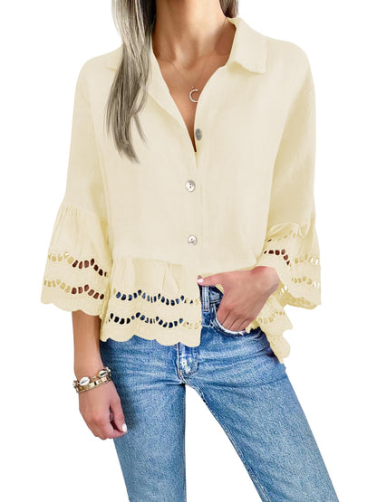 Women‘s Chic Ruffle Hem Blouse with Hollow Out Design