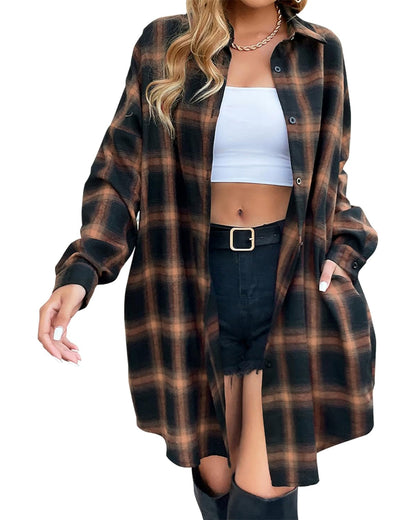Women's Button Down Flannel Shirts Plaid Shacket  Collared Long Jacket Coats