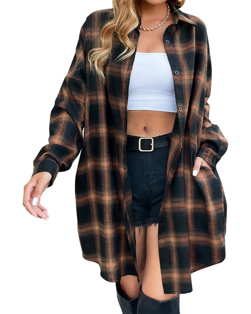 ✨Women's Button Down Flannel Shirts Plaid Shacket  Collared Long Jacket Coats