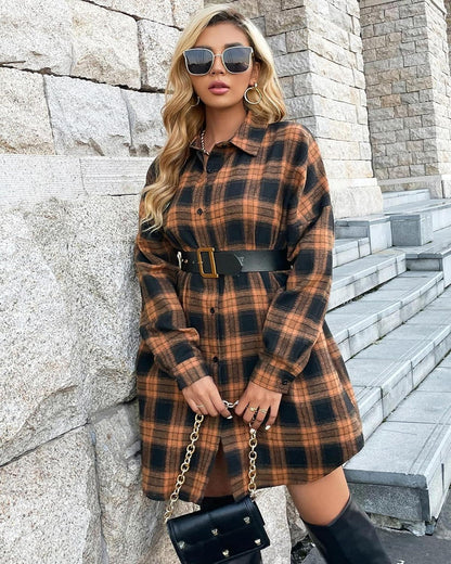 Women's Button Down Flannel Shirts Plaid Shacket  Collared Long Jacket Coats