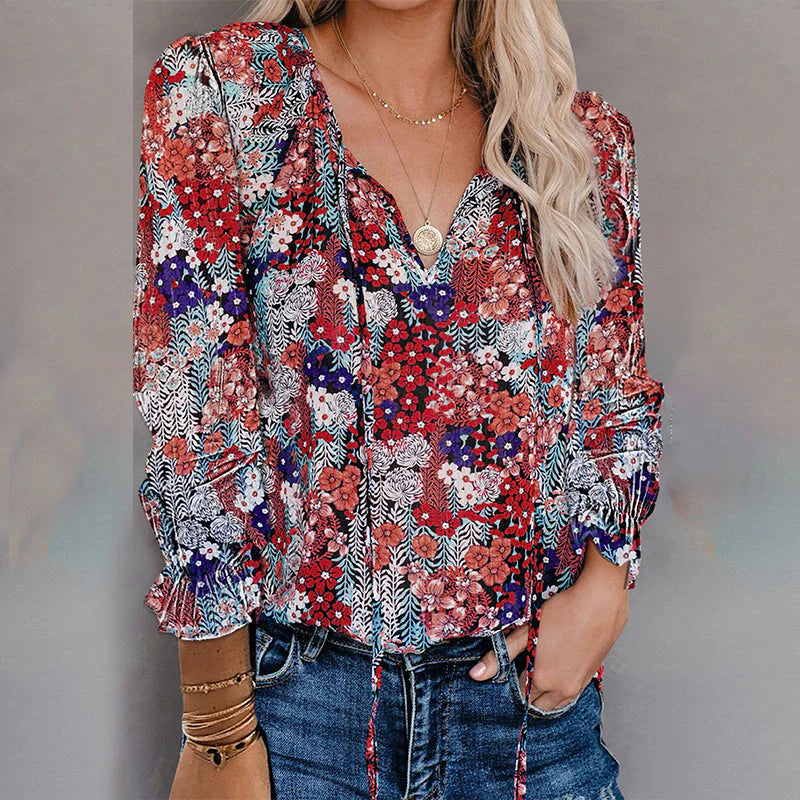 ✨Women Boho Floral Print V Neck Drawstring Long Sleeve Blouse Top (Final Days: Big Savings!!!)