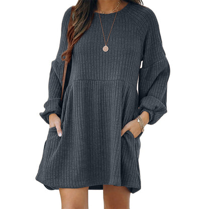 ✨Minimalist Chic Plain Textured Ribbed Pocket Bishop Sleeve Crewneck Dress