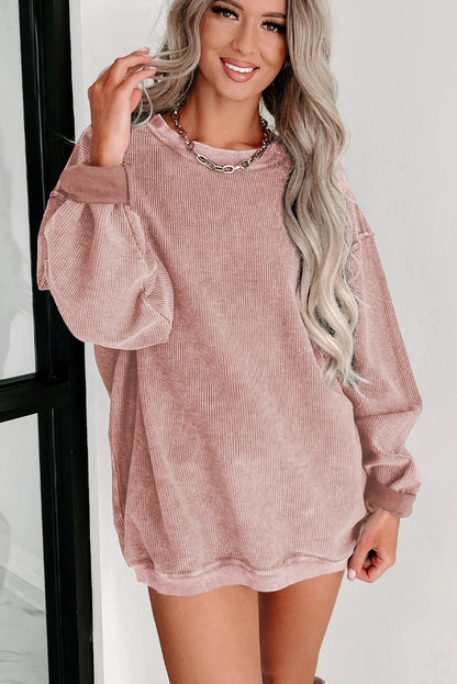✨ Women's Solid Color Ribbed Knit Round Neck Pullover Sweatshirt