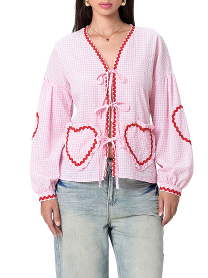 ✨Women Cute Plaid Blouses Long Sleeve V-Neck Bow Tie Front Tops with Pockets