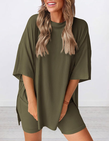 ⏰Hot Sale-Women's Oversized Casual T-Shirt Shorts Suit Stretch Two-Piece Set