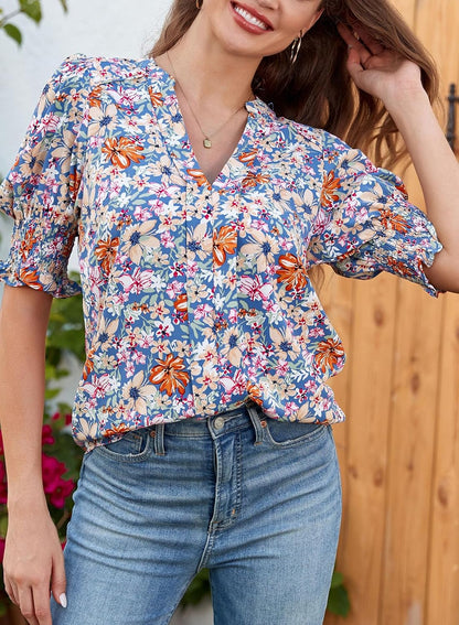 ✨Floral V-Neck Puff Sleeve Blouse
