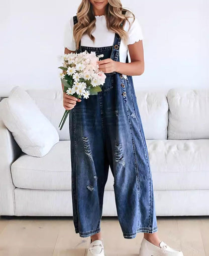 Limited time sale🔥Women's Cute Casual Button Jumpsuit Ripped Denim Overalls
