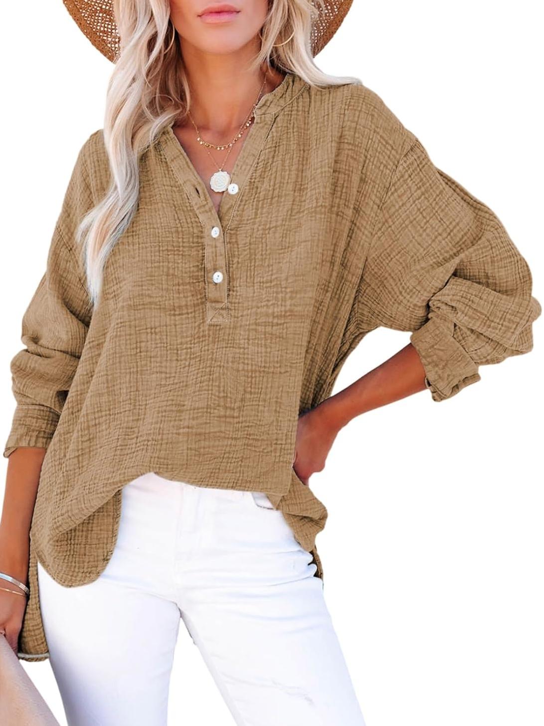 ⏰Hot Sale-Womens Casual Button V Neck Long Sleeve Shirts Oversized Solid Blouses Tops