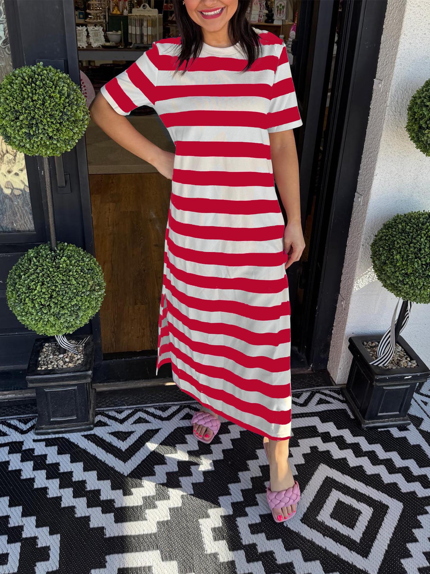 Women's short sleeve striped slit dress