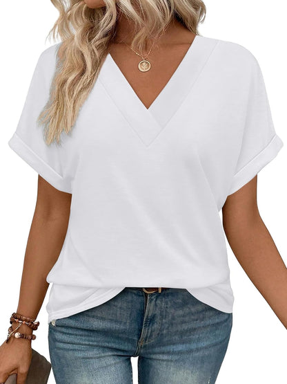 ✨Womens Summer V Neck Short Sleeve Solid Color Basic T Shirt