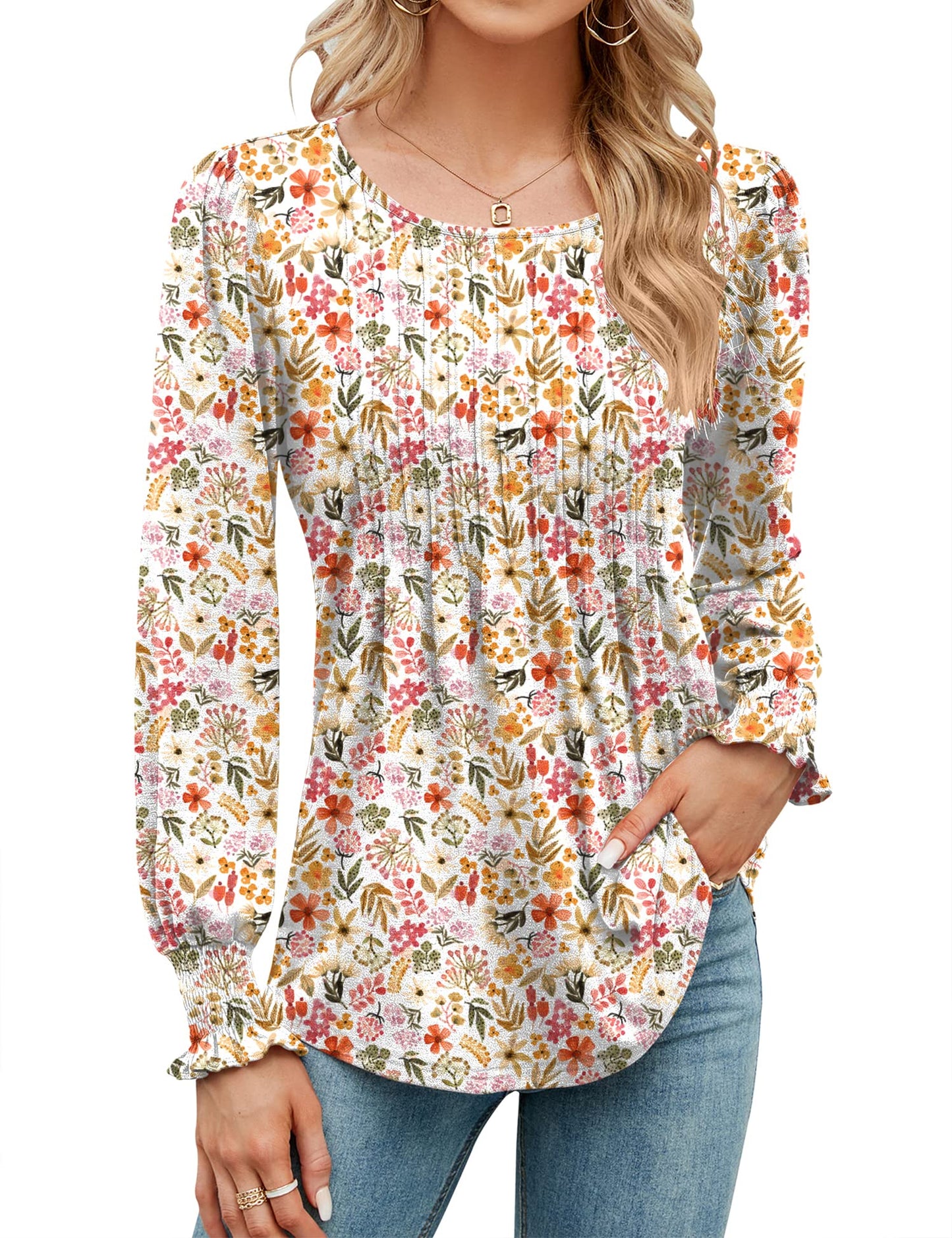 ✨Puff Long Sleeve Pleated Crew Neck Tunic Top